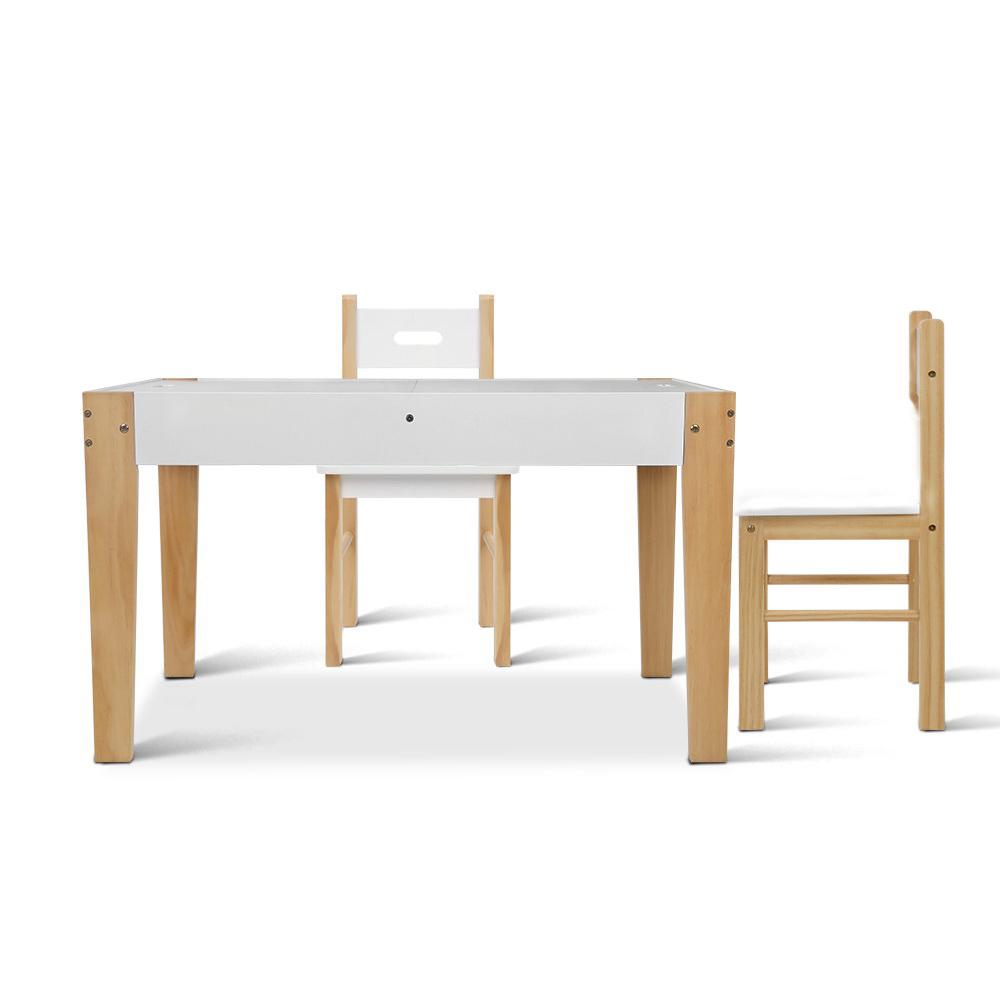 Keezi Kids Table and Chair Set featuring a reversible chalkboard top, eco-friendly materials, and four hidden storage compartments for children's toys.